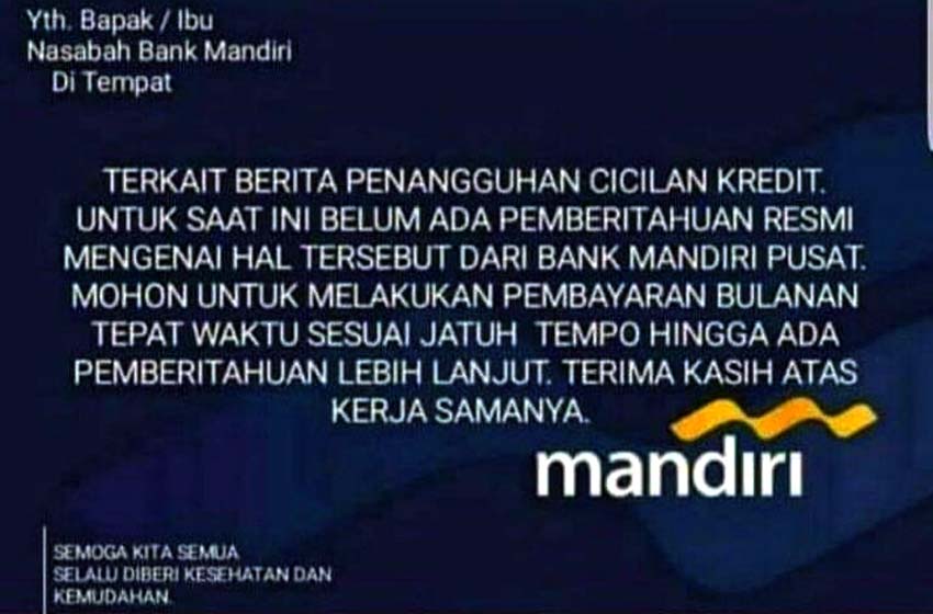 Terkait Kebijakan Pembebasan Kredit Masyarakat Kecil, Beredar Flyer Industri Perbankan Nyatakan Tidak Ada Penangguhan Angsuran