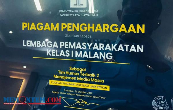 Lapas Kelas 1 Malang Berprestasi, Raih Penghargaan Tim Humas Terbaik 2 Menejemen Media Massa Kanwil Kemenkumham Jatim